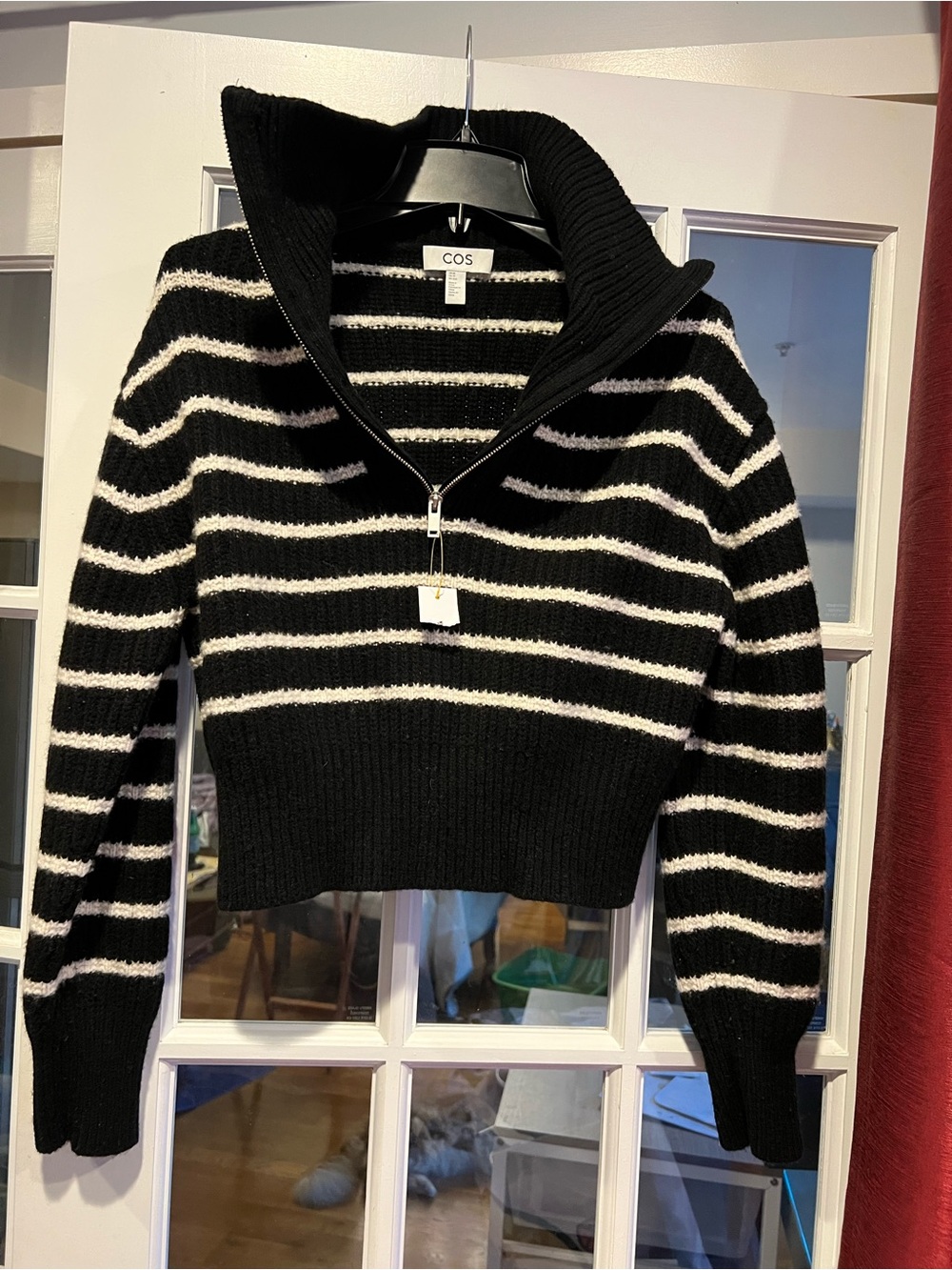 COS Black & White Striped Half-Zip Cowl Sweater